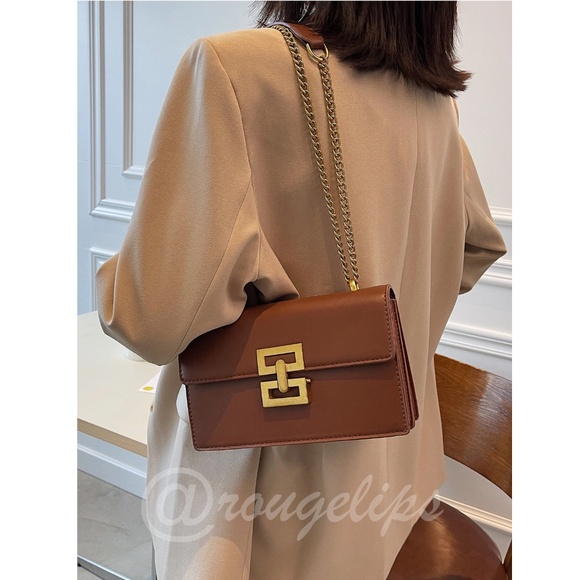 Brown PU Faux Leather Shoulder Bag Yellow Gold Tone Buckle Flap Chain Strap - Picture 2 of 11